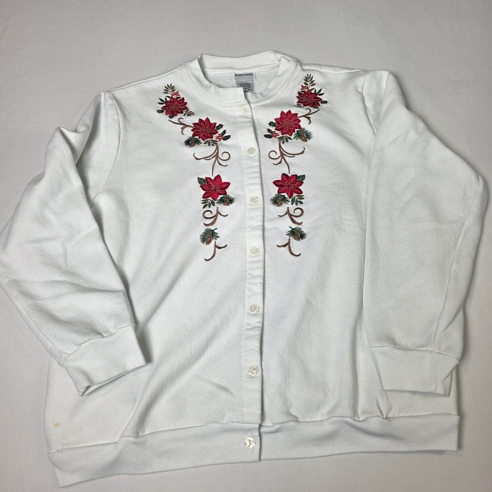 VTG Bon Worth Sweater Womens Large White‎ Poinsettia Embroidered Button Front